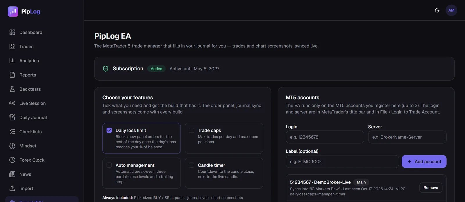 The PipLog Expert page with editions and registered MT5 accounts