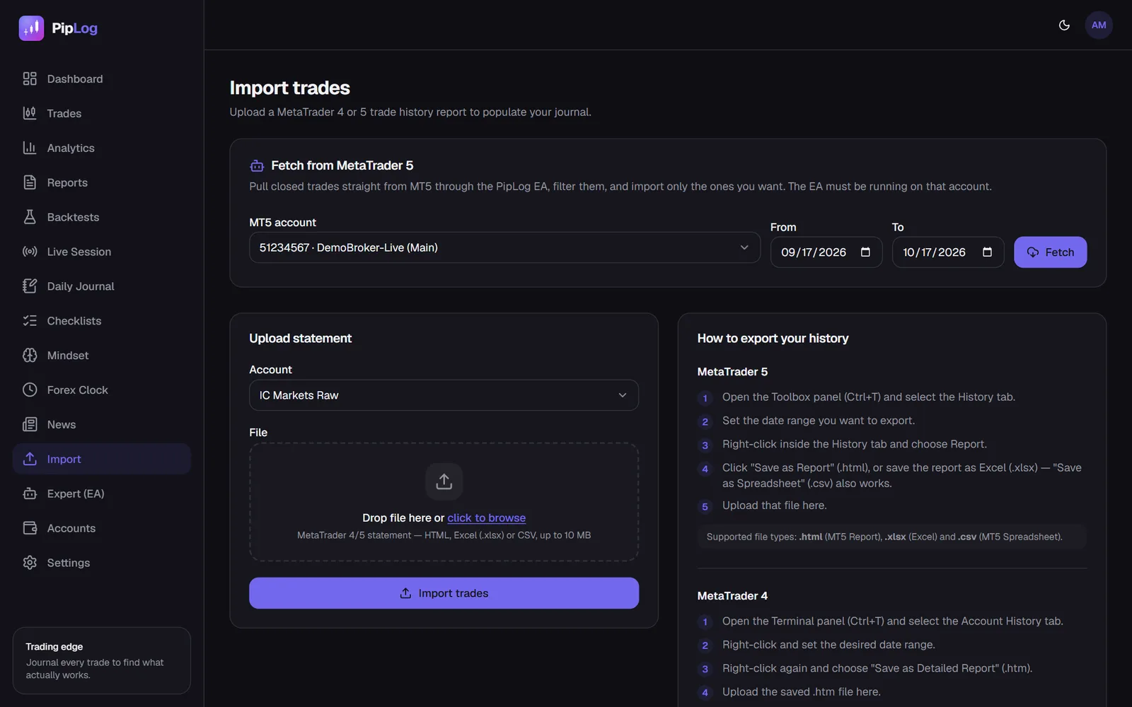 PipLog import page for MT4 and MT5 trade history statements