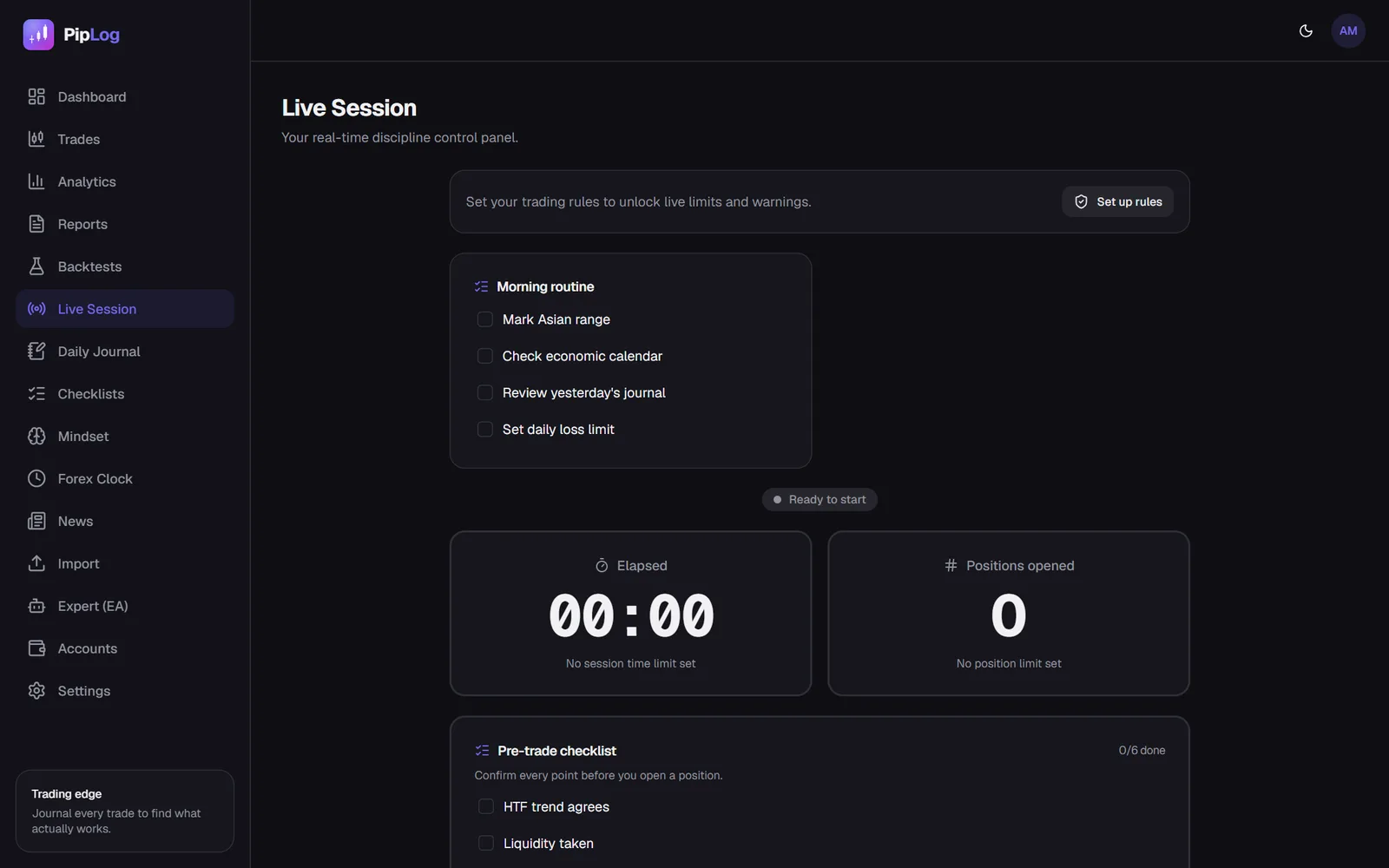 PipLog live trading session with timer and rule limits