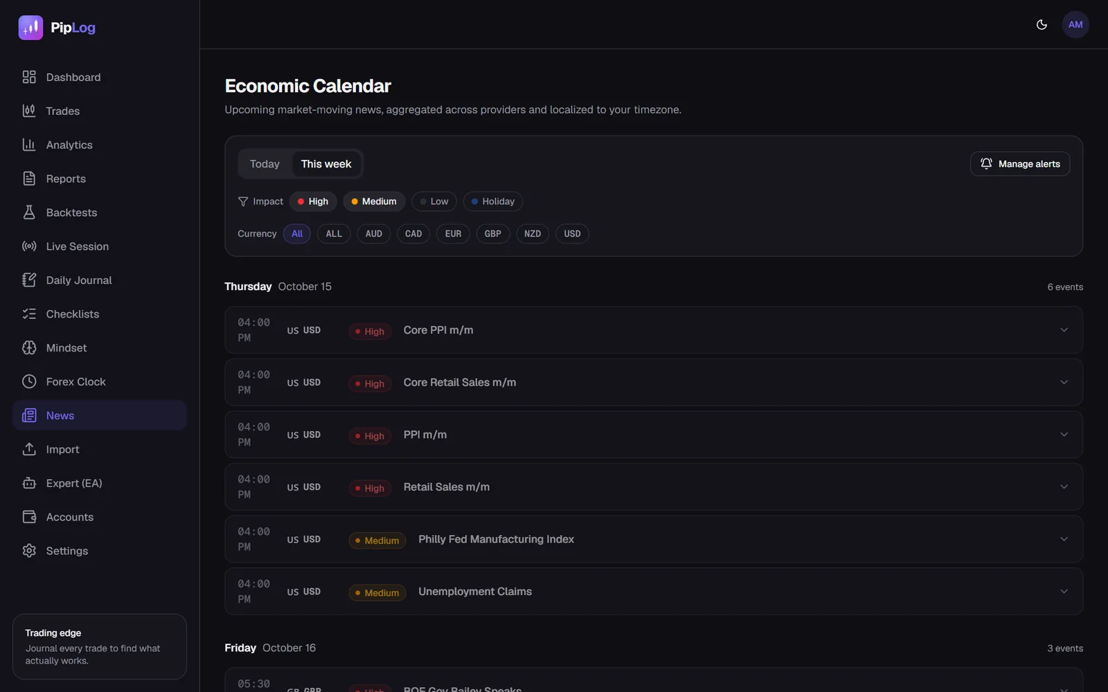 Economic calendar in PipLog